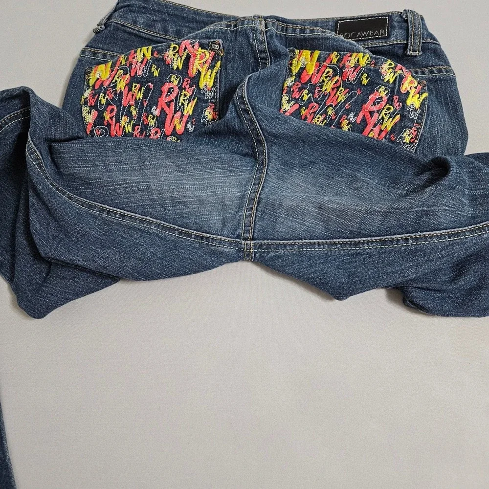 Rocawear Y2K Style Graffiti Pocket Skinny Jeans Dark Wash Stretch Womens 9 Denim - Picture 5 of 13